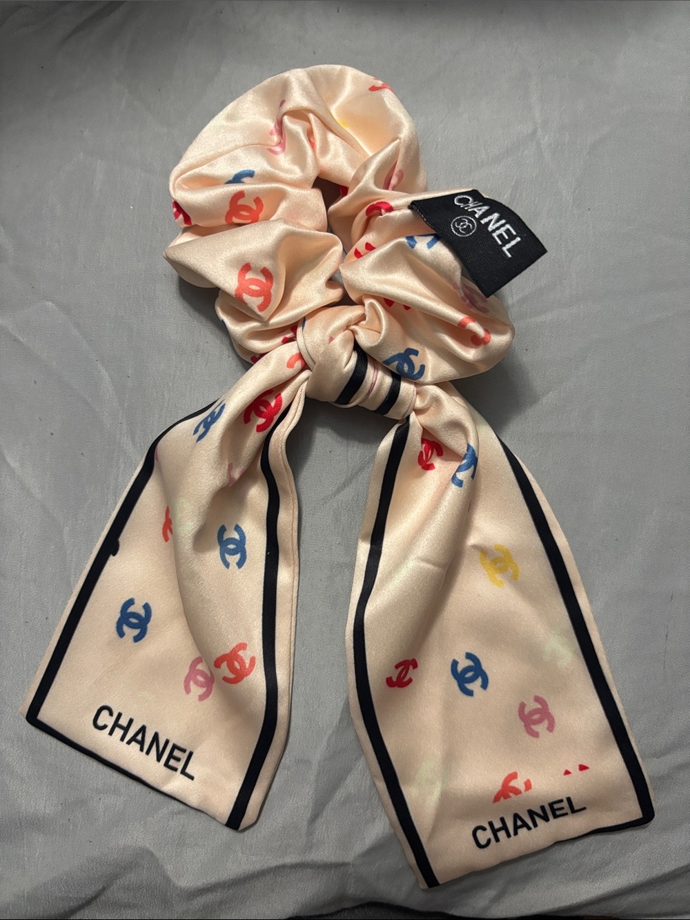 CHANEL Cream Logo Silk-Effect Bow Scrunchie with Multicolor CC Motif